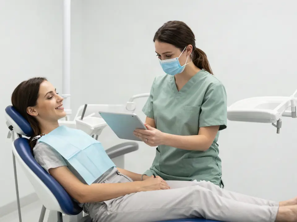 Dentiste qui explique un plan de traitement à une patiente