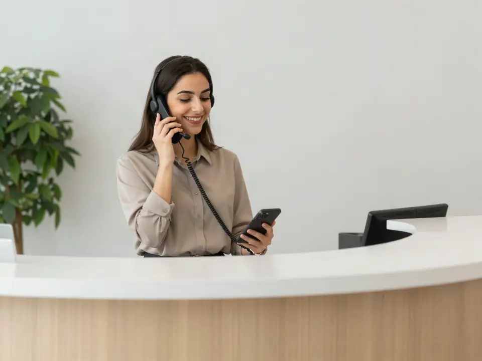 Assistante d’accueil au téléphone dans une clinique