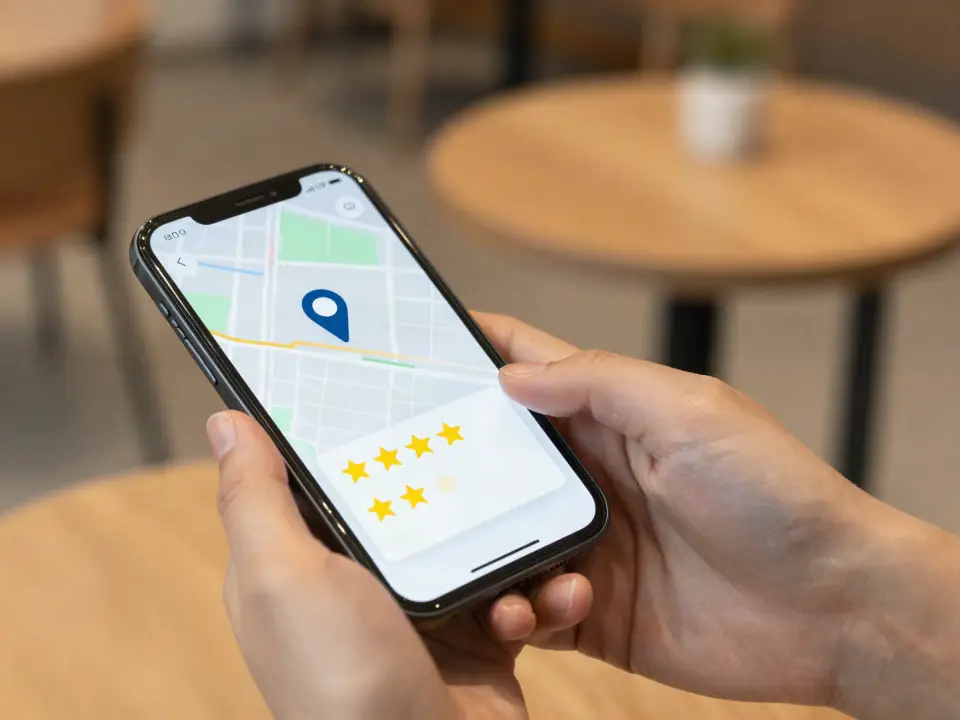 Téléphone affichant une carte et une note cinq étoiles